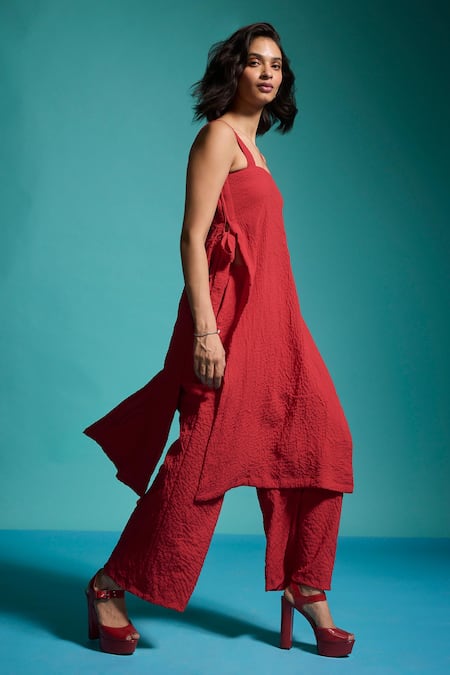 Shop_Dash And Dot_Red 100% Recycled Polyester Plain Square Neck Crinkle Textured Tunic With Pant _at_Aza_Fashions