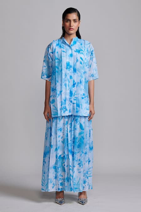 Dash And Dot_Blue Polyester Collared Floral Print Shirt With Culottes _Online_at_Aza_Fashions