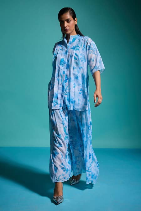 Buy_Dash And Dot_Blue Polyester Collared Floral Print Shirt With Culottes _Online_at_Aza_Fashions