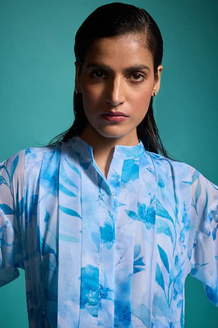 Buy_Dash And Dot_Blue Polyester Collared Floral Print Shirt With Culottes 