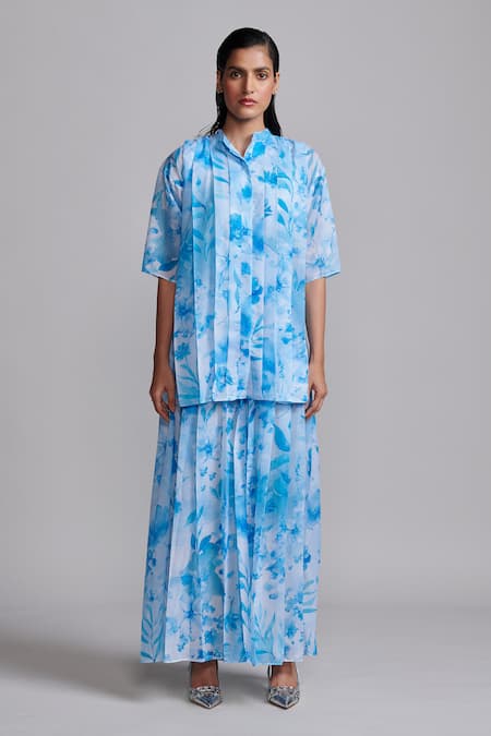 Dash And Dot_Blue Polyester Floral Print Culottes _Online_at_Aza_Fashions