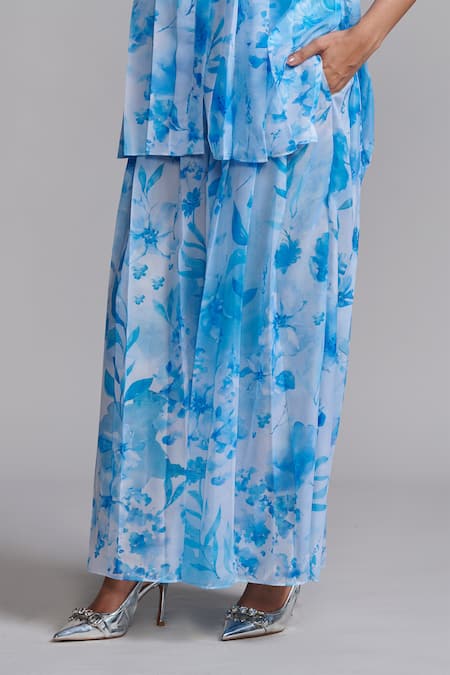 Dash And Dot_Blue Polyester Floral Print Culottes _at_Aza_Fashions
