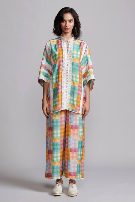 Shop_Dash And Dot_Multi Color Viscose, Linen Lace Mandarin Collar Chequered Print Shirt With Pant _Online_at_Aza_Fashions