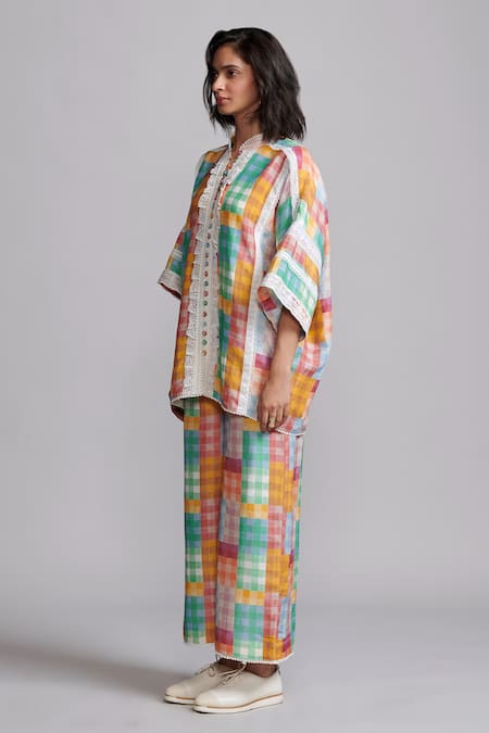 Buy_Dash And Dot_Multi Color Viscose, Linen Lace Mandarin Collar Chequered Print Shirt With Pant 