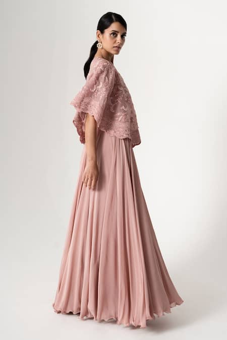 Shop_Saisha_Purple Georgette Floral Embroidered Cape With Skirt _at_Aza_Fashions