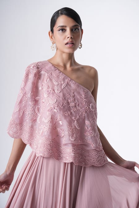 Saisha_Purple Georgette Floral Embroidered Cape With Skirt _Online_at_Aza_Fashions