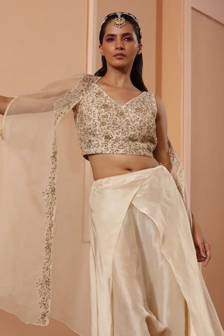 Saisha Ivory Silk Embroidery V-neck Cape With Dhoti Set Online at Aza Fashions Saisha_Ivory Silk Embroidery V-neck Cape With Dhoti Set _Online_at_Aza_Fashions