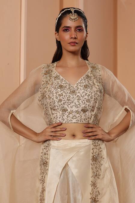 Buy Saisha Ivory Silk Embroidery V-neck Cape With Dhoti Set Online at Aza Fashions Buy_Saisha_Ivory Silk Embroidery V-neck Cape With Dhoti Set _Online_at_Aza_Fashions