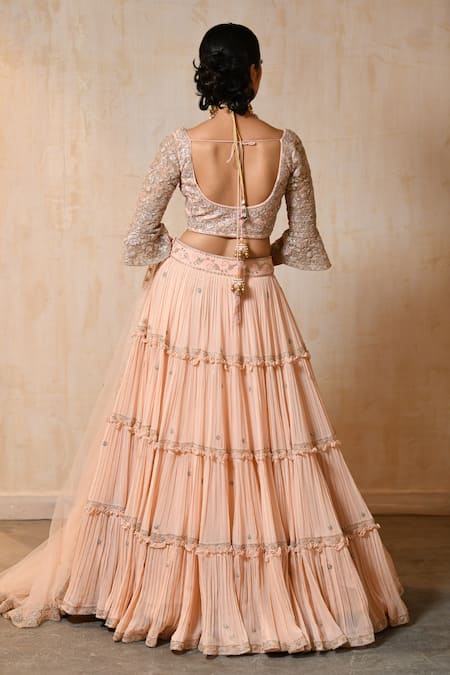 Shop_Saisha_Peach Organza, Georgette, Silk Embroidery Round Neck Tiered Lehenga Set _at_Aza_Fashions