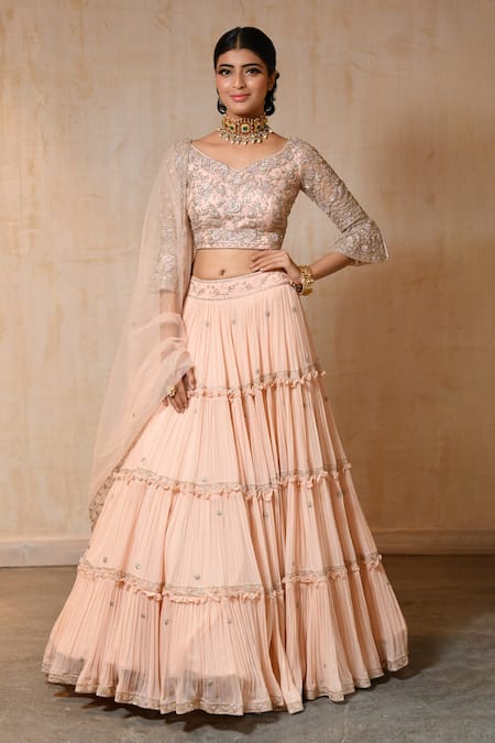 Saisha_Peach Organza, Georgette, Silk Embroidery Round Neck Tiered Lehenga Set _Online_at_Aza_Fashions