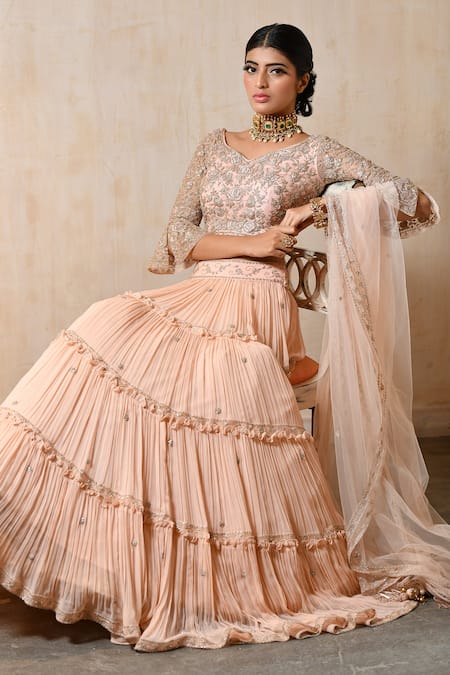 Buy_Saisha_Peach Organza, Georgette, Silk Embroidery Round Neck Tiered Lehenga Set _Online_at_Aza_Fashions