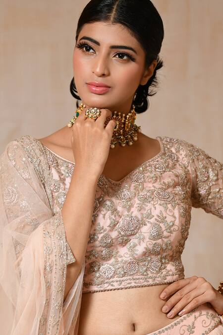 Shop_Saisha_Peach Organza, Georgette, Silk Embroidery Round Neck Tiered Lehenga Set _Online_at_Aza_Fashions