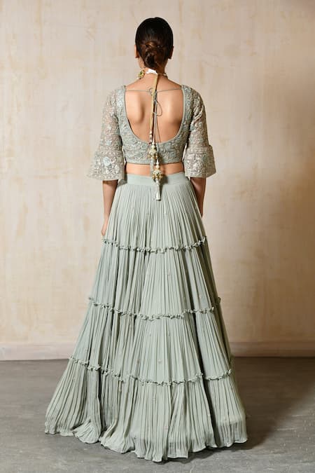 Shop_Saisha_Blue Silk, Organza, Georgette Embroidery Asymmetric Tiered Lehenga Blouse Set _at_Aza_Fashions