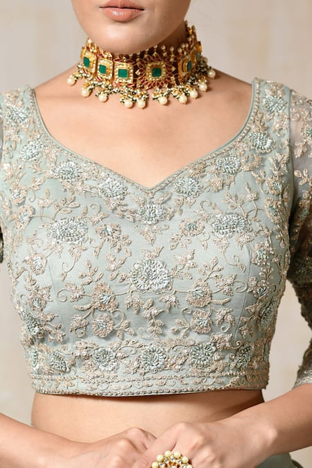 Saisha_Blue Silk, Organza, Georgette Embroidery Asymmetric Tiered Lehenga Blouse Set _Online_at_Aza_Fashions