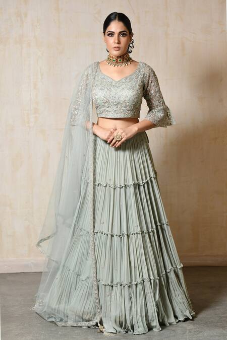 Buy_Saisha_Blue Silk, Organza, Georgette Embroidery Asymmetric Tiered Lehenga Blouse Set _Online_at_Aza_Fashions