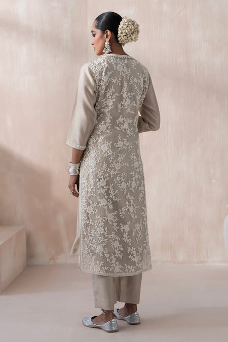 Shop Saisha Ivory Organza Embroidered Floral Kurta Round Neck Jacket With Set at Aza Fashions Shop_Saisha_Ivory Organza Embroidered Floral Kurta Round Neck Jacket With Set _at_Aza_Fashions