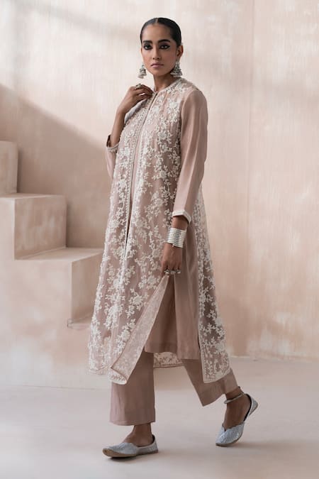 Buy Saisha Pink Organza Embroidered Floral Kurta Round Neck Jacket With Set Online at Aza Fashions Buy_Saisha_Pink Organza Embroidered Floral Kurta Round Neck Jacket With Set _Online_at_Aza_Fashions