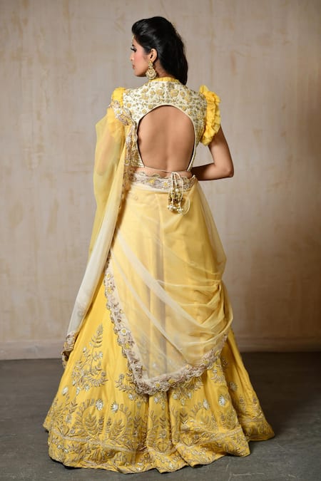 Shop_Saisha_Yellow Silk, Net Sequins, Diamonds, Embroidery Round Dabka Lehenga Blouse Set _at_Aza_Fashions
