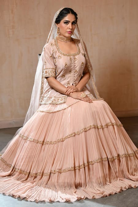 Shop_Saisha_Peach Georgette, Organza, Silk Gota Patti, Embroidery Round Tiered Lehenga Set _at_Aza_Fashions