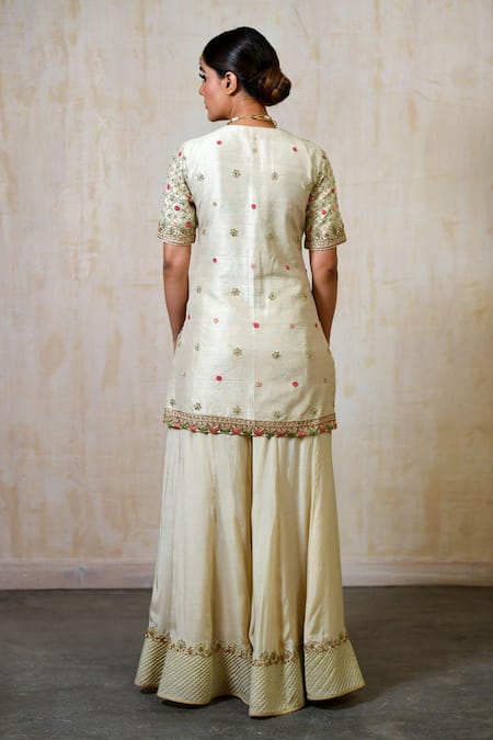 Shop_Saisha_Off White Silk, Organza, Crepe Diamonds, Embroidery Floral Kurta Sharara Set _at_Aza_Fashions