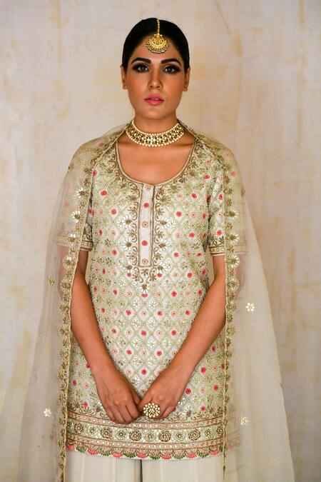 Saisha_Off White Silk, Organza, Crepe Diamonds, Embroidery Floral Kurta Sharara Set _Online_at_Aza_Fashions