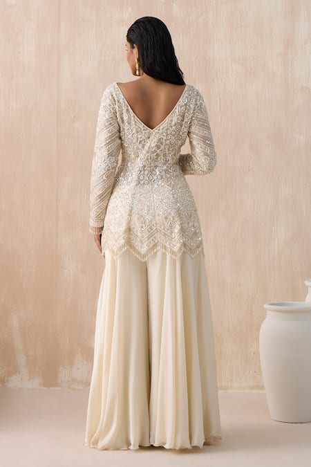 Shop Saisha Ivory Organza, Satin Pearls, Floral Embellished Peplum Kurta With Sharara at Aza Fashions Shop_Saisha_Ivory Organza, Satin Pearls, Floral Embellished Peplum Kurta With Sharara _at_Aza_Fashions