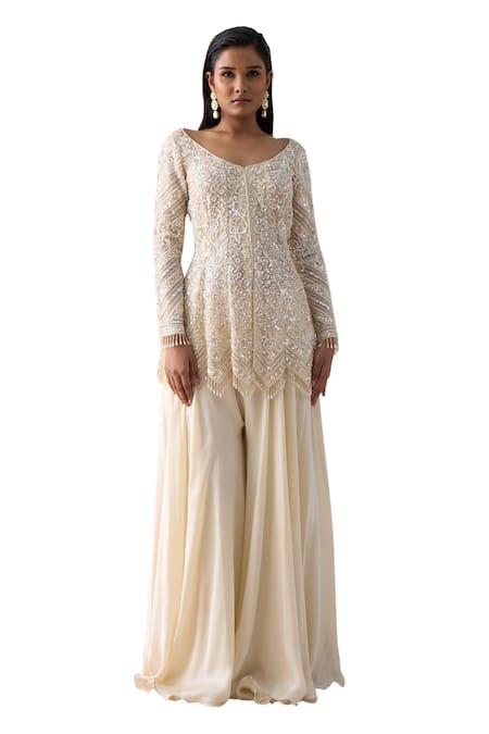 Shop Saisha Ivory Organza, Satin Pearls, Floral Embellished Peplum Kurta With Sharara Online at Aza Fashions Shop_Saisha_Ivory Organza, Satin Pearls, Floral Embellished Peplum Kurta With Sharara _Online_at_Aza_Fashions