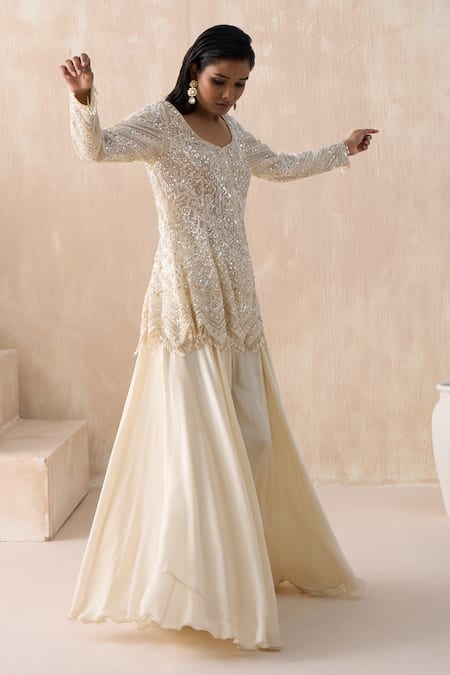 Buy Saisha Ivory Organza, Satin Pearls, Floral Embellished Peplum Kurta With Sharara Buy_Saisha_Ivory Organza, Satin Pearls, Floral Embellished Peplum Kurta With Sharara