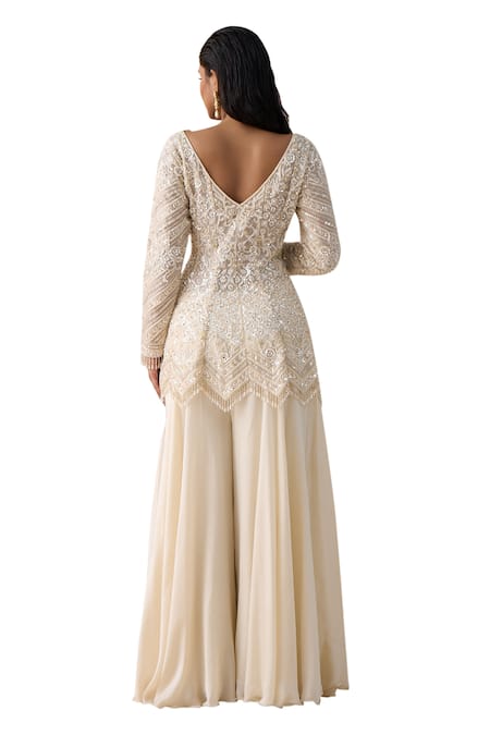 Shop Saisha Ivory Organza, Satin Pearls, Floral Embellished Peplum Kurta With Sharara Shop_Saisha_Ivory Organza, Satin Pearls, Floral Embellished Peplum Kurta With Sharara