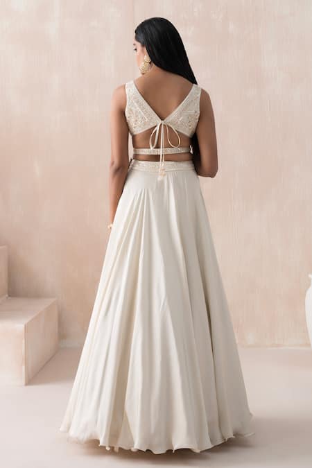 Shop Saisha Ivory Organza, Satin Pearls, Sequins, Beads Open Embellished Jacket Lehenga Set at Aza Fashions Shop_Saisha_Ivory Organza, Satin Pearls, Sequins, Beads Open Embellished Jacket Lehenga Set _at_Aza_Fashions