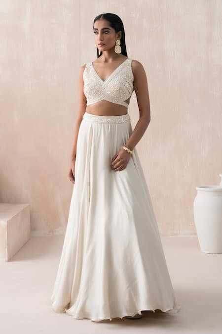 Buy Saisha Ivory Organza, Satin Pearls, Sequins, Beads Open Embellished Jacket Lehenga Set Online at Aza Fashions Buy_Saisha_Ivory Organza, Satin Pearls, Sequins, Beads Open Embellished Jacket Lehenga Set _Online_at_Aza_Fashions