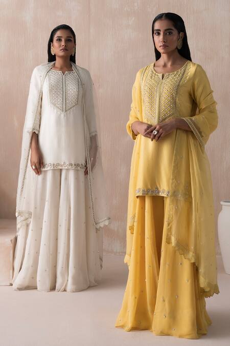 Saisha Ivory Georgette, Silk, Organza Sequins, Floral Embellished Kurta Sharara Set at Aza Fashions Saisha_Ivory Georgette, Silk, Organza Sequins, Floral Embellished Kurta Sharara Set _at_Aza_Fashions