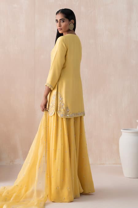 Shop Saisha Yellow Georgette, Silk Beads, Sequins Embellished Floral Kurta Sharara Set at Aza Fashions Shop_Saisha_Yellow Georgette, Silk Beads, Sequins Embellished Floral Kurta Sharara Set _at_Aza_Fashions