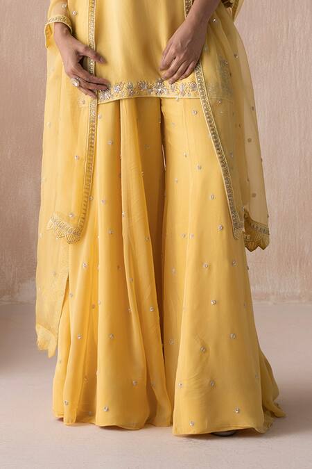 Saisha Yellow Georgette, Silk Beads, Sequins Embellished Floral Kurta Sharara Set Online at Aza Fashions Saisha_Yellow Georgette, Silk Beads, Sequins Embellished Floral Kurta Sharara Set _Online_at_Aza_Fashions