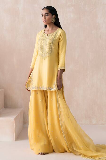 Shop Saisha Yellow Georgette, Silk Beads, Sequins Embellished Floral Kurta Sharara Set Online at Aza Fashions Shop_Saisha_Yellow Georgette, Silk Beads, Sequins Embellished Floral Kurta Sharara Set _Online_at_Aza_Fashions