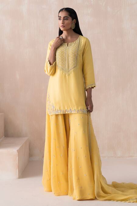 Saisha Yellow Georgette, Silk Beads, Sequins Embellished Floral Kurta Sharara Set at Aza Fashions Saisha_Yellow Georgette, Silk Beads, Sequins Embellished Floral Kurta Sharara Set _at_Aza_Fashions