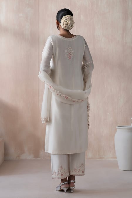 Shop Saisha Ivory Organza Embellished Bead Round Floral Thread Embroidered Kurta Pant Set at Aza Fashions Shop_Saisha_Ivory Organza Embellished Bead Round Floral Thread Embroidered Kurta Pant Set _at_Aza_Fashions