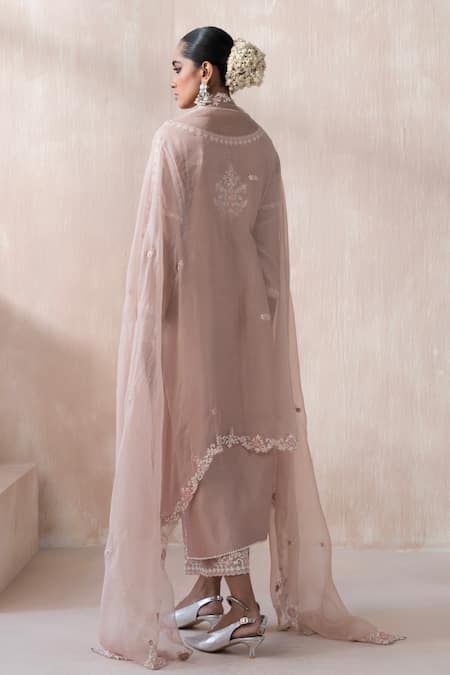 Shop_Saisha_Pink Organza Embellished Bead Round Thread Embroidered Floral Kurta Pant Set _at_Aza_Fashions