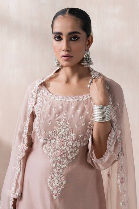 Buy_Saisha_Pink Organza Embellished Bead Round Thread Embroidered Floral Kurta Pant Set _Online_at_Aza_Fashions