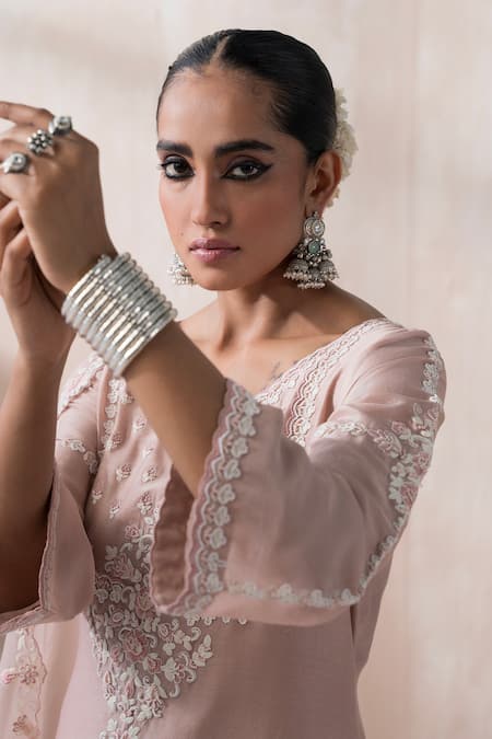Shop_Saisha_Pink Organza Embellished Bead Round Thread Embroidered Floral Kurta Pant Set _Online_at_Aza_Fashions