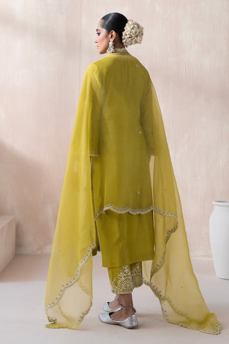 Shop Saisha Green Organza, Chanderi Pearls, Embroidery Embellished Floral Kurta Pant Set at Aza Fashions Shop_Saisha_Green Organza, Chanderi Pearls, Embroidery Embellished Floral Kurta Pant Set _at_Aza_Fashions