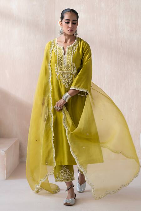 Buy Saisha Green Organza, Chanderi Pearls, Embroidery Embellished Floral Kurta Pant Set Online at Aza Fashions Buy_Saisha_Green Organza, Chanderi Pearls, Embroidery Embellished Floral Kurta Pant Set _Online_at_Aza_Fashions