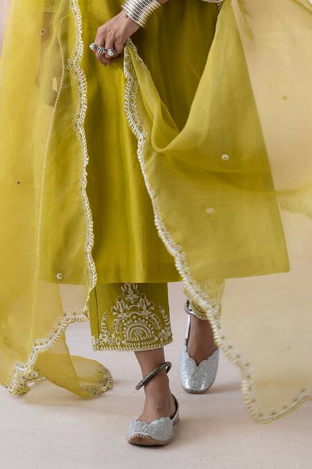 Shop Saisha Green Organza, Chanderi Pearls, Embroidery Embellished Floral Kurta Pant Set Online at Aza Fashions Shop_Saisha_Green Organza, Chanderi Pearls, Embroidery Embellished Floral Kurta Pant Set _Online_at_Aza_Fashions