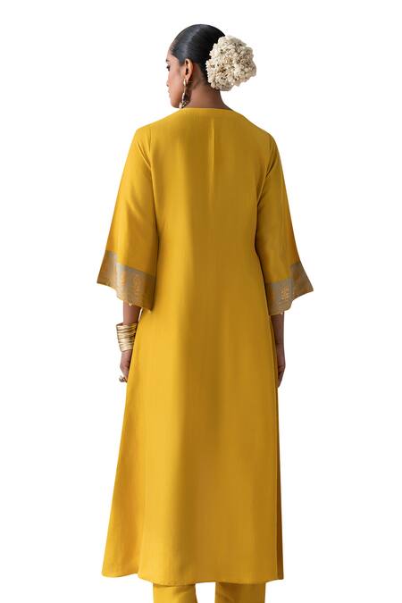 Saisha_Yellow Chinese Silk Embellished Floral Vine Embroidered High-low Kurta Pant Set _Online_at_Aza_Fashions