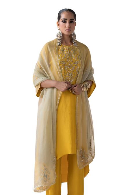 Buy_Saisha_Yellow Chinese Silk Embellished Floral Vine Embroidered High-low Kurta Pant Set _Online_at_Aza_Fashions