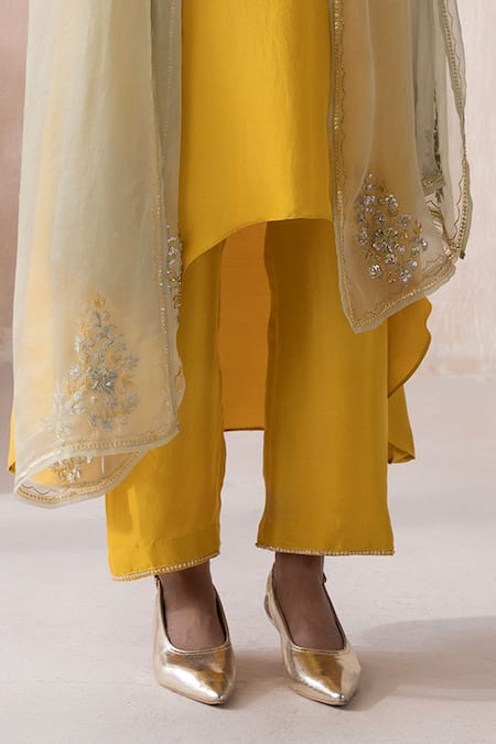 Shop_Saisha_Yellow Chinese Silk Embellished Floral Vine Embroidered High-low Kurta Pant Set _Online_at_Aza_Fashions