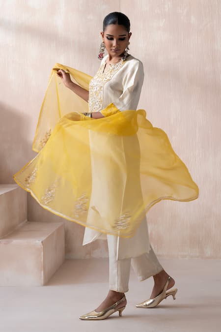 Shop_Saisha_Ivory Chinese Silk Embellished Bead Floral Embroidered High-low Kurta Pant Set _at_Aza_Fashions