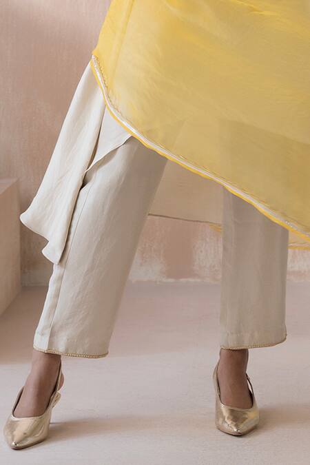 Saisha_Ivory Chinese Silk Embellished Bead Floral Embroidered High-low Kurta Pant Set _Online_at_Aza_Fashions