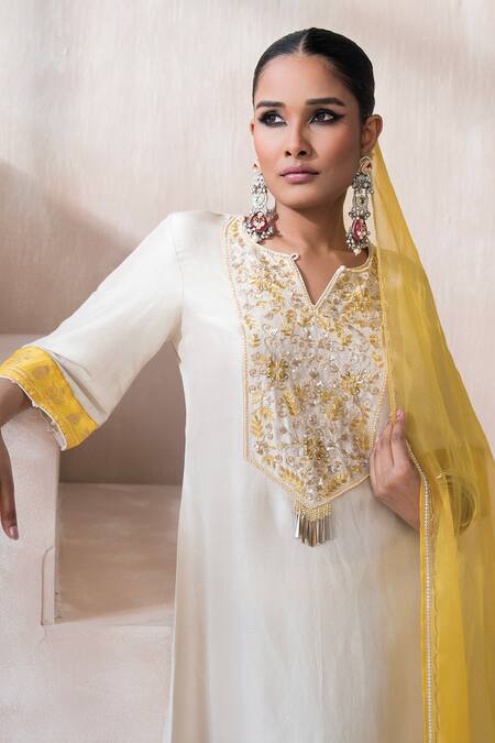 Shop_Saisha_Ivory Chinese Silk Embellished Bead Floral Embroidered High-low Kurta Pant Set _Online_at_Aza_Fashions