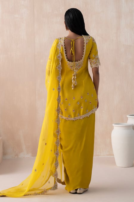 Shop Saisha Yellow Organza, Satin, Silk Dabka Embroidered Asymmetric Kurta Dhoti Skirt Set at Aza Fashions Shop_Saisha_Yellow Organza, Satin, Silk Dabka Embroidered Asymmetric Kurta Dhoti Skirt Set _at_Aza_Fashions